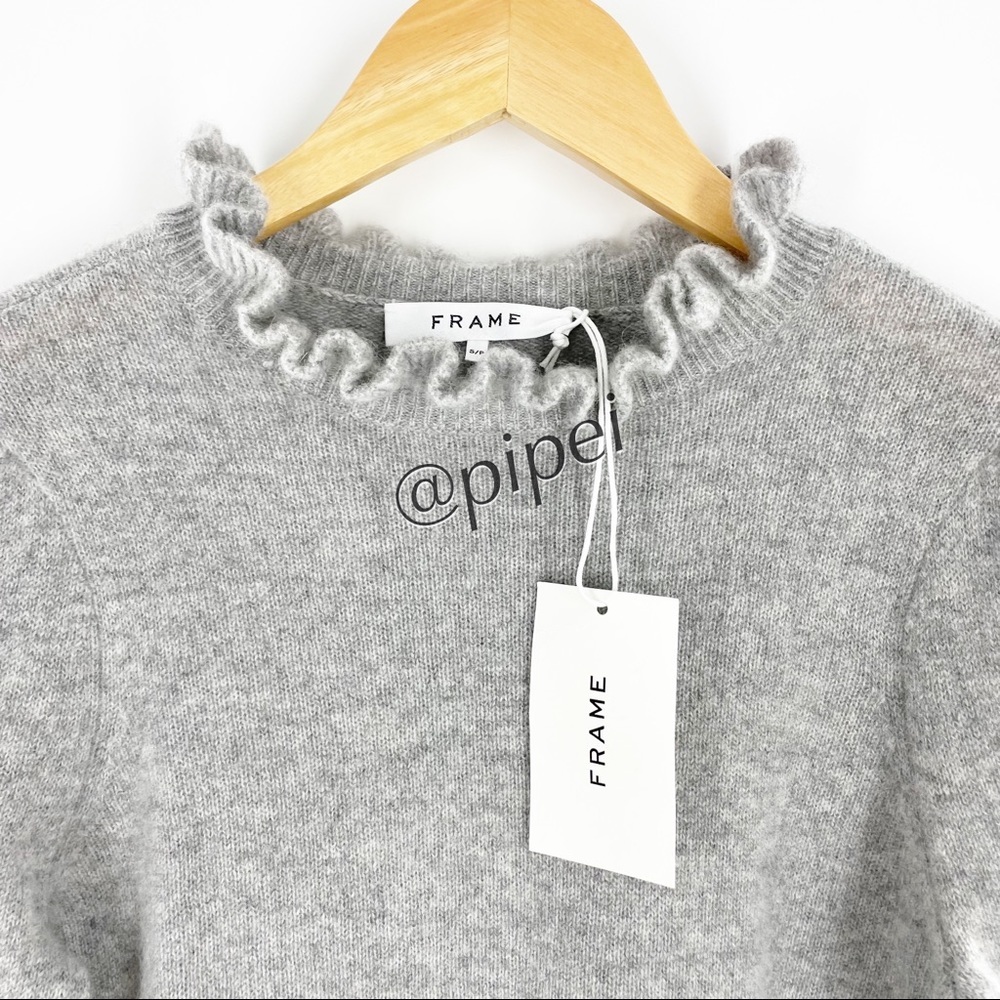 SOLD - NWT Frame Josefine Ruffle Neck Puff Sleeve Cashmere Sweater in Grey S - Picture 6 of 14